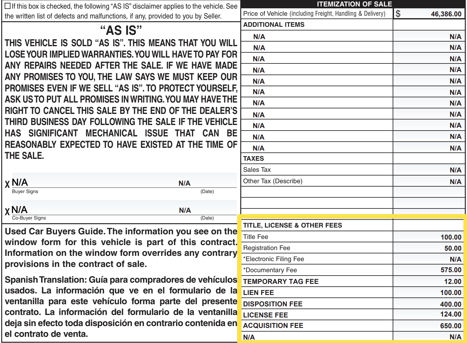 lease document with fees highlighted
