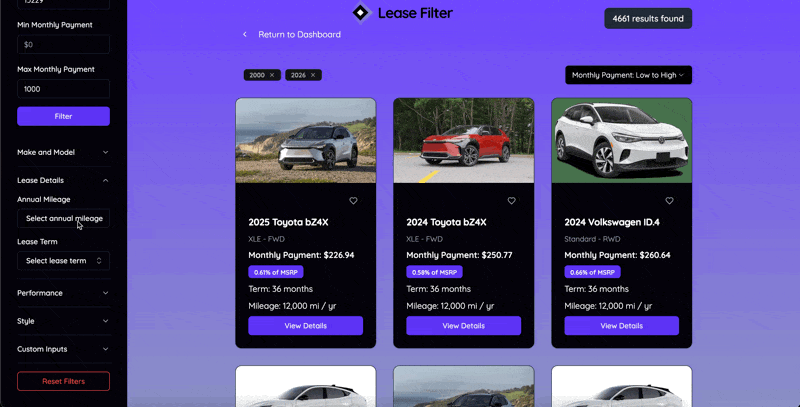 Term and mileage filter